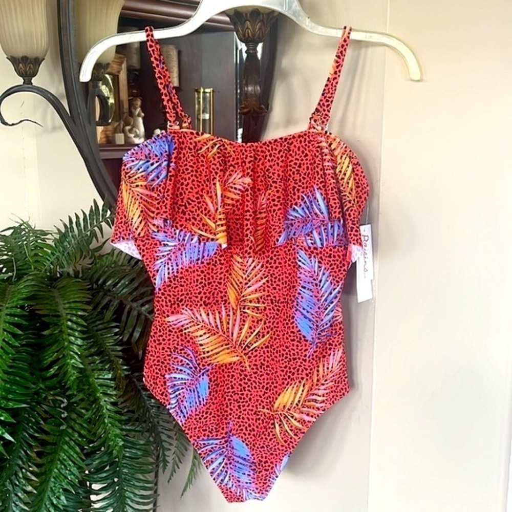Brand New Raisins Ruffle Bandeau Leopard Print Tropical Palm One Piece Swimsuit